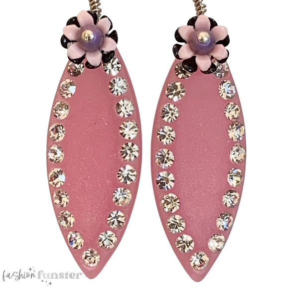 Vintage 1960s Floral Crystal Rhinestone Lucite Long Ellipse Dangle Drop Earrings - Picture 1 of 5